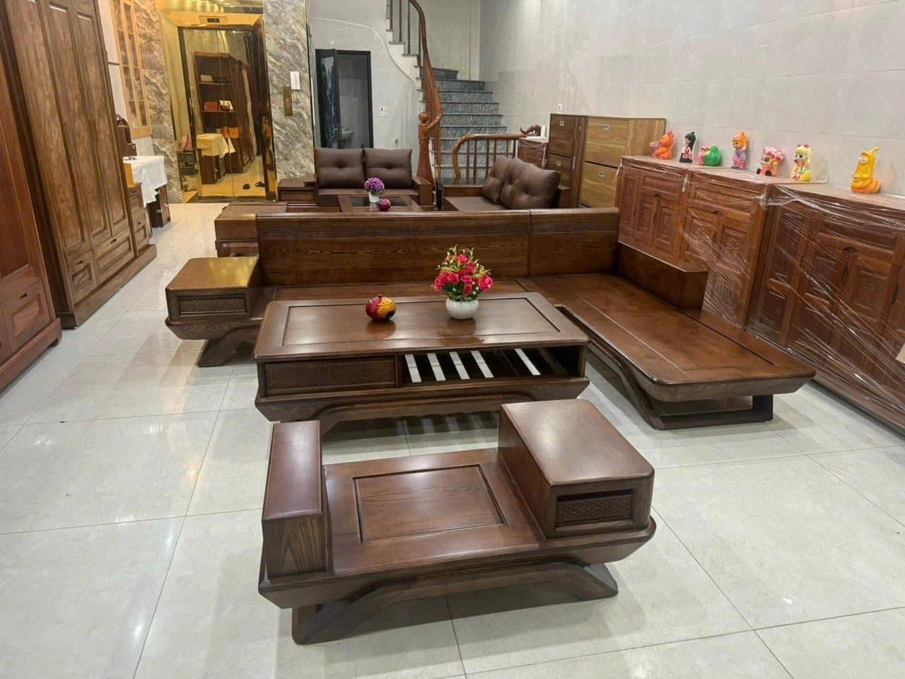 Bộ sofa gỗ chân thuyền chữ L giá xưởng